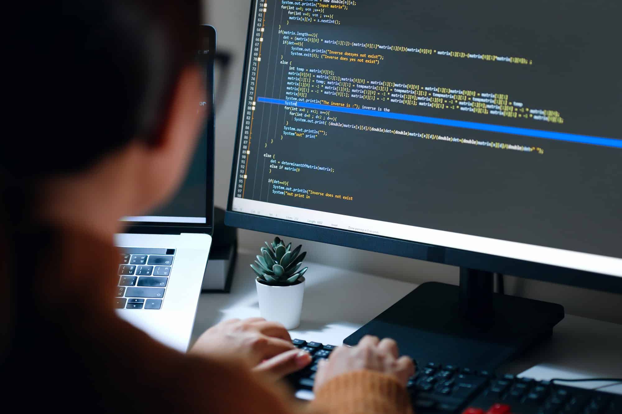 Young developer programmer, software engineer, IT support, wearing glasses working on computer to check coding in bugging system. Back view